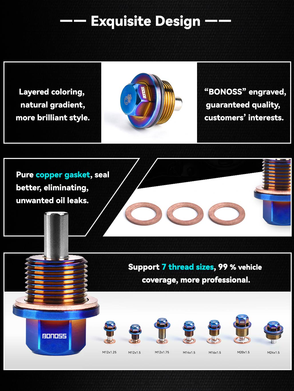 BONOSS Forged Titanium Magnetic Oil Drain Plug Kit M14x1.5 for